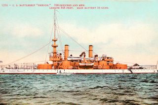 ## The U.S.S. Oregon, in her heyday, is proudly showcased on this early-1900s hand-tinted postcard.