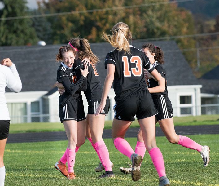 Marcus Larson/News-Register##
Yamhill-Carlton s Hannah Jolly celebrates her first career high school goal during a Tigers  regular season win.