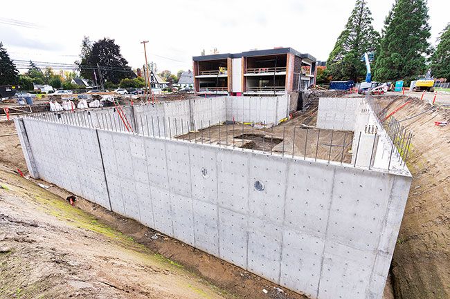 Marcus Larson/News-Register##Keck Hall foundation takes shape at Linfield College along with preparations to connect the structure to the remodeled Graf Hall. Demolition continues through mid-November in the Graf basement and stairs as well as the slab on grade wall. The project remains on schedule for December 2022 completion. The first classes in the new building are scheduled for January term 2023.