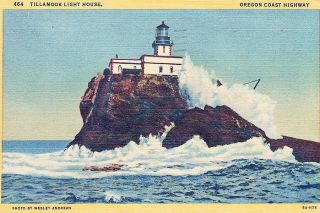 This hand-tinted postcard is from a U.S. Lifesaving Service photo showing Tillamook Rock Light, as seen from the south, taking a heavy sea in the early 1920s. The sky was most likely not blue when this picture was taken.