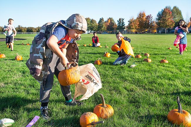 Rockne Roll/News-Register##
Third-grader Gabriel Sandoval selects his pumpkin at Grandhaven Elementary School s pumpkin patch Friday, Oct. 27, in McMinnvilole.