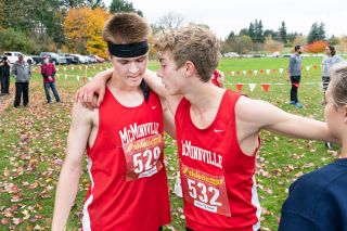 Marcus Larson/News-Register##
Mac’s Kyle Spencer (right) joins his friend and teammate, Kellen Reed, after the two finished Thursday’s district championship. Marcus Larson/News-Register##
Mac’s Kyle Spencer (right) joins his friend and teammate, Kellen Reed, after the two finished Thursday’s district championship.