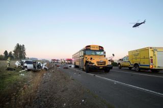 Marcus Larson/News-Register##Life Flight arrives to Durham Road southwest of McMinnville. Occupants of a van that collided with a school bus were seriously injured. No injuries of riders on the bus were initially reported.the scene of a crash Monday evening on Highway 18 near Marcus Larson/News-Register##Life Flight arrives to Durham Road southwest of McMinnville. Occupants of a van that collided with a school bus were seriously injured. No injuries of riders on the bus were initially reported.the scene of a crash Monday evening on Highway 18 near