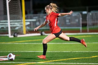 Rusty Rae/News-Register file photo##
McMinnville senior centerback Lucie Angevine lines up a powerful kick during the Grizzlies’ preseason match against Oregon City. Angevine, in her fourth consecutive season as a varsity defender, led the Mac backline to an impressive performance this season. Angevine was recently named to the all-Pacific Conference first team for her efforts. Rusty Rae/News-Register file photo##
McMinnville senior centerback Lucie Angevine lines up a powerful kick during the Grizzlies’ preseason match against Oregon City. Angevine, in her fourth consecutive season as a varsity defender, led the Mac backline to an impressive performance this season. Angevine was recently named to the all-Pacific Conference first team for her efforts.