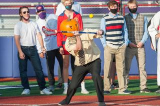 Rusty Rae/News-Register##
Ben Ranieri, an outfielder for the ‘Cat baseball team, wearing the pumpkin, sizes up a pitch. Rusty Rae/News-Register##
Ben Ranieri, an outfielder for the ‘Cat baseball team, wearing the pumpkin, sizes up a pitch.