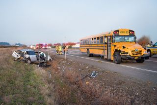 Marcus Larson/News-Register##Life Flight arrives to Durham Road southwest of McMinnville. Occupants of a van that collided with a school bus were seriously injured. No injuries of riders on the bus were initially reported.the scene of a crash Monday evening on Highway 18 near Marcus Larson/News-Register##Life Flight arrives to Durham Road southwest of McMinnville. Occupants of a van that collided with a school bus were seriously injured. No injuries of riders on the bus were initially reported.the scene of a crash Monday evening on Highway 18 near