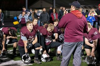 Marcus Larson/News-Register##
Dayton head football coach Jacob Peterson addresses the team one last time after the Pirates’ loss. Marcus Larson/News-Register##
Dayton head football coach Jacob Peterson addresses the team one last time after the Pirates’ loss.