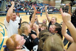 Marcus Larson/News-Register file photo##
Sheridan head coach Matt Leichty, left, celebrates with his team after defeating Valley Catholic in four sets in the 2008 3A state volleyball title match. Marcus Larson/News-Register file photo##
Sheridan head coach Matt Leichty, left, celebrates with his team after defeating Valley Catholic in four sets in the 2008 3A state volleyball title match.