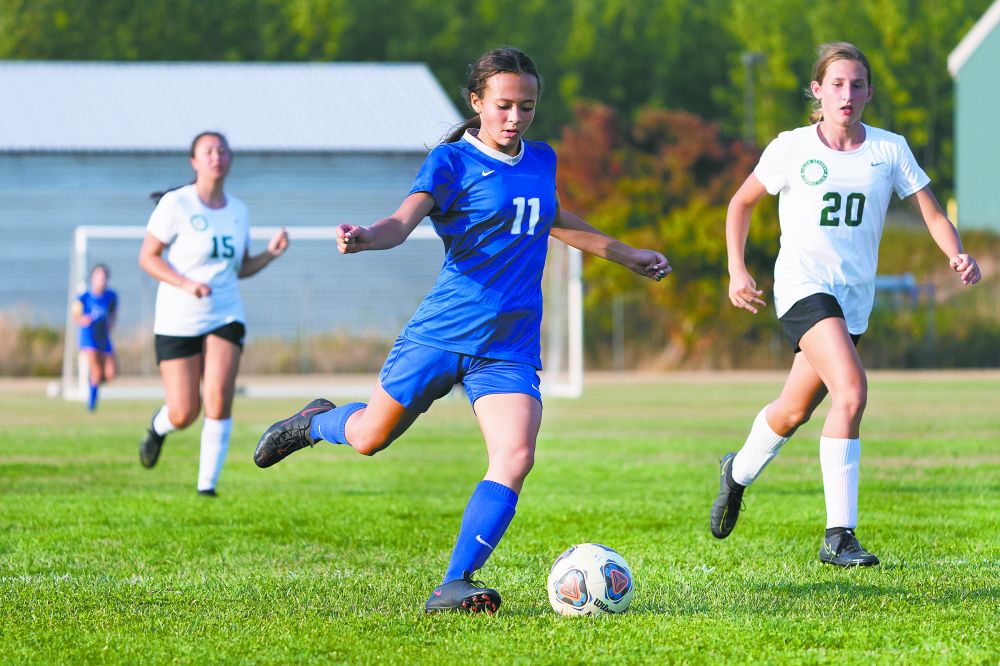 Marcus Larson/News-Register file photo##
Amity freshman forward Mya Haarsma shoots on goal during the Warriors’ match against Salem Academy earlier this season. Haarsma was a first-team all-league selection.