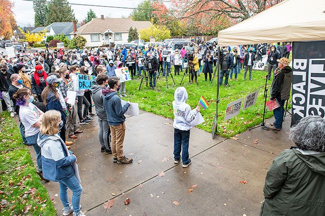 Rusty Rae/News-Register##Newberg resident Ian McDonough, a Marine Corps veteran, was among several speakers heard by more than 200 people who gathered in November to protest the firing of Newberg School District Superintendent Joe Morelock in an event organized by community members and supported by the Newberg Education Association.