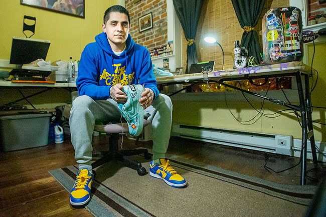 Rachel Thompson/News-Register
##
When Dominic Vasquez posts photos of one of his unique shoe designs on Instagram, more than 66,000 followers react; the pair sells in a few hours. The McMinnville man creates his designs in downtown McMinnville.