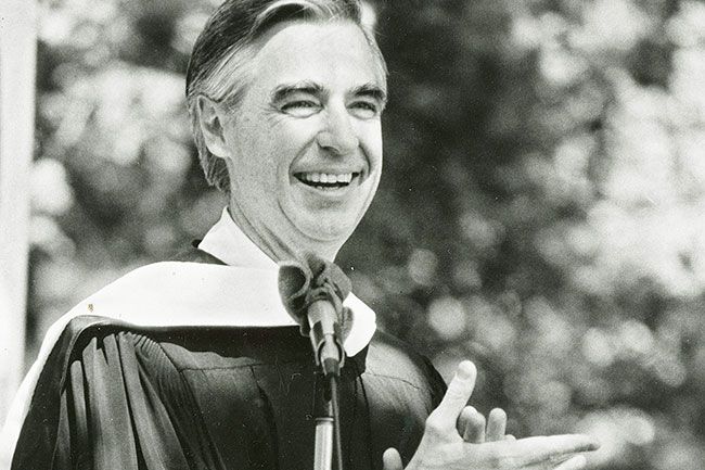 Submitted photo##
Fred Rogers claps as Linfield College s Class of 1982 sings the  Mister
Rogers  Neighborhood  theme song during commencement exercises.