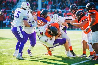 Rusty Rae/News-Register##Linfield’s defense, which has totaled the most sacks in the country this season, takes down the quarterback for Lewis & Clark earlier this season.
