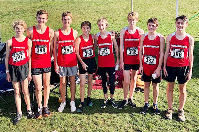 Photo courtesy John Spencer##
McMinnville Track Club 13-14 year-olds (l-r) Kyle Spencer, Owen Wark, Eli Rolfe, Kasen Paolo, Gus Blank, Sam King, Kaden Carlson and Masen Hostetler placed fifth at the USATF Region 13 meet.