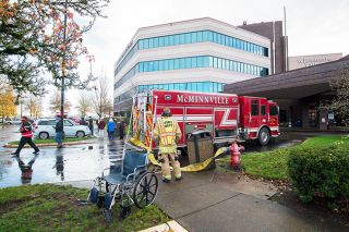 Marcus Larson/News-Register##Firefighters responded to the Willamette Valley Medical Center Wednesday morning. Light smoke was reported on the third floor. Marcus Larson/News-Register##Firefighters responded to the Willamette Valley Medical Center Wednesday morning. Light smoke was reported on the third floor.