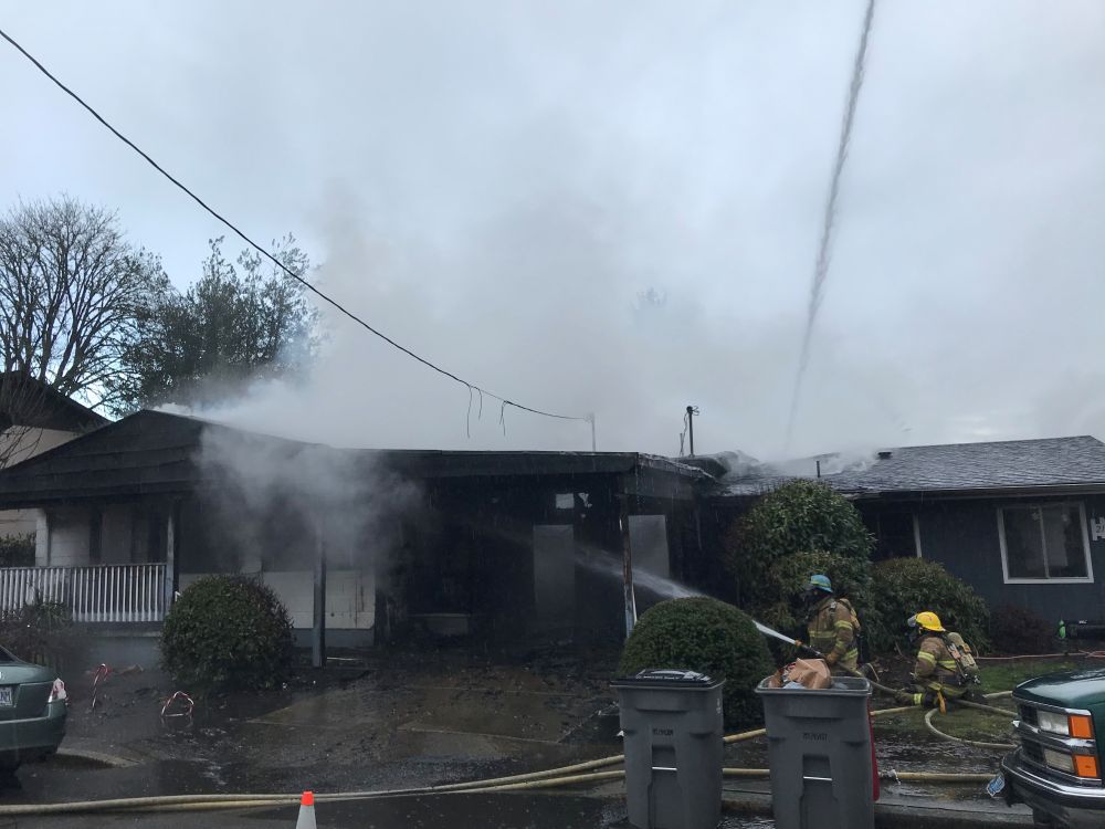 Photo courtesy Amity Fire District##A Saturday morning fire destroyed both units of a duplex on Sherman Street in Amity. Only one minor injury was r eported.