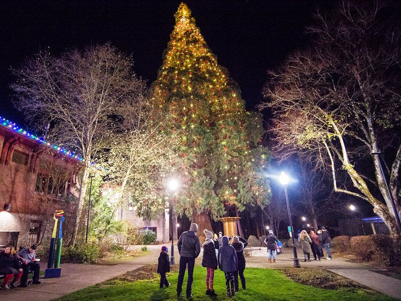 Marcus Larson/News-Register##
Families admire McMinnville s Christmas tree next to the library.