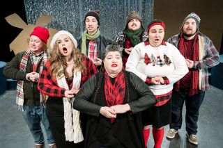 Marcus Larson/News-Register##Singers, from left, Seth Renne, Emily Matsuda, Joseph Cannon, Melissa Thomas, Eli Jakob, Mary Acuff, and Evan Tait practice “Carol of the Bells” for Gallery Theater’s Christmas show.