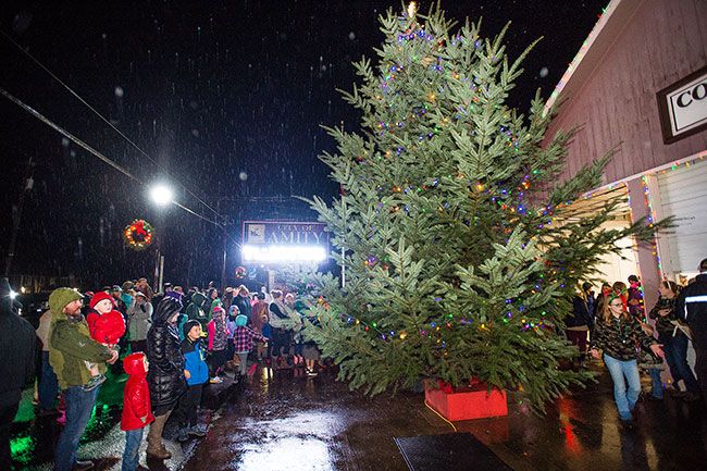 Marcus Larson / News-Register##Rainy weather didn t prevent a large crowd from gathering for Amoity s Christmas tree lighting.