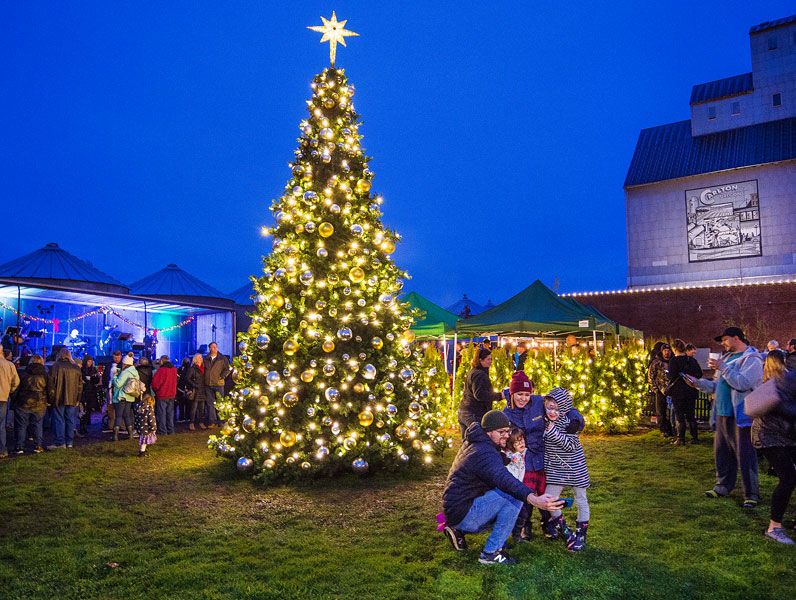 Marcus Larson / News-Register## Sam and Kim Myers pose
for a family selfie with their daughters, Laila and Mackenzie, in front
of the Carlton Christmas tree Saturday evening. Carlton residents
flocked to the tree lighting event, where they enjoyed music and hot
chocolate as well as lights