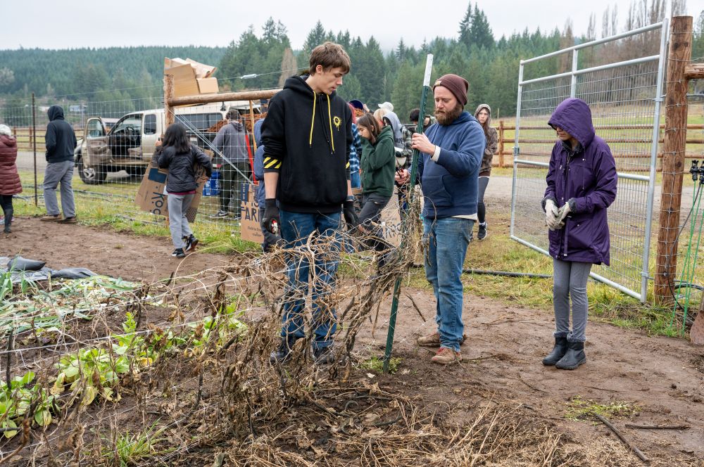 Rachel Thompson/News-Register##
Tabula Rasa market garden manager Justin Peterson instructs Mac High student Landon Kring about removing a trellis on which beans grew this summer.