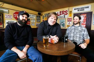 Rockne Roll/News-Register##Eric Lucas, Brent McLain and Jed Vinson are the West Valley Shakers, a local rock band whose style Lucas describes as an “explosion of righteousness.” They’re pictured here at Willamina’s Wildwood Hotel, where they often play.