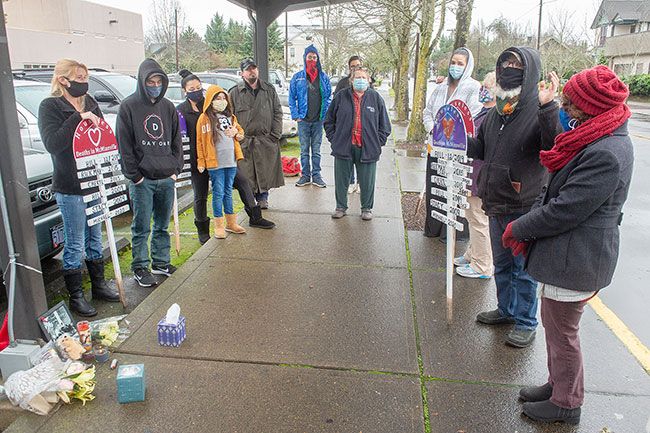 Rusty Rae/News-Register##Howie Harkema, interim executive director of Champion Team, speaks during a memorial service for Mike Stepp on Sunday at the Yamhill County Courthouse bus stop.