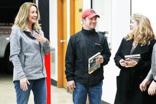 Rockne Roll / News-Register##From left, Sue Barker, Shawn Church and Debbie Burdick share a laugh during the Dec. 21 ceremony at Yamhill Fire Protection District s station in Yamhill. Church and Burdick performed CPR until medics arrived after Barker went into cardiac arrest.