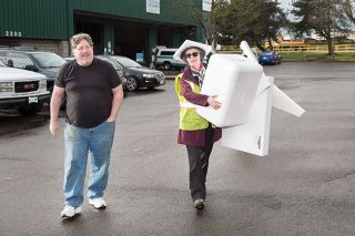 Rusty Rae / News-Register##Zero Waste volunteer Annely Germaine, right, assists Devon Cutrell with a load of foam packaging that will be sent to the Agilyx Corporation in Tigard. Rusty Rae / News-Register##Zero Waste volunteer Annely Germaine, right, assists Devon Cutrell with a load of foam packaging that will be sent to the Agilyx Corporation in Tigard.