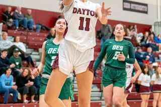 Rachel Thompson/News-Register##Dayton’s Melissa Arroyo lays one in during Dayton’s double overtime 47-46 victory over Oregon Episcopal on  Dec. 15. Arroyo scored 16 points in the win, including four free throws in the final minute of regulation to send the game to overtime.