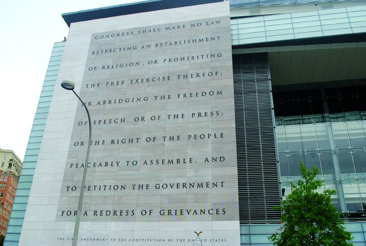 Public domain image##The First Amendment displayed on the side of the Newseum in Washington, D.C.