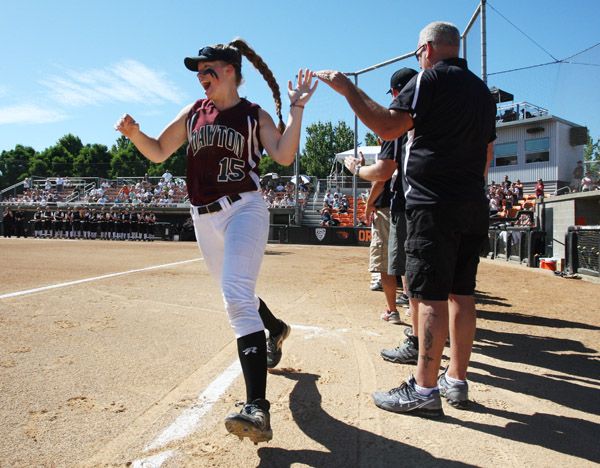 Rockne Roll/News-Register##Dayton senior Teddi Hop (15) went 3-for-4 with a run scored for the Pirates in their OSAA Class 3A softball state championship loss to Rainier Friday.
