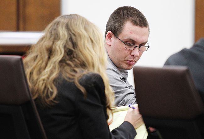 Rockne Roll/News-Register##
McMinnville defense attorney Amanda Marshall  confers with defendant Jeremy Hopper II during his manslaughter trial Monday in Yamhill County Circuit Court.