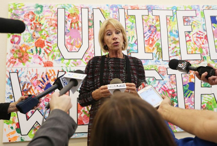 Rockne Roll/News-Register##
Education secretary Betsy DeVos addresses reporters during her visit to McMinnville High School Wednesday, Oct. 11.