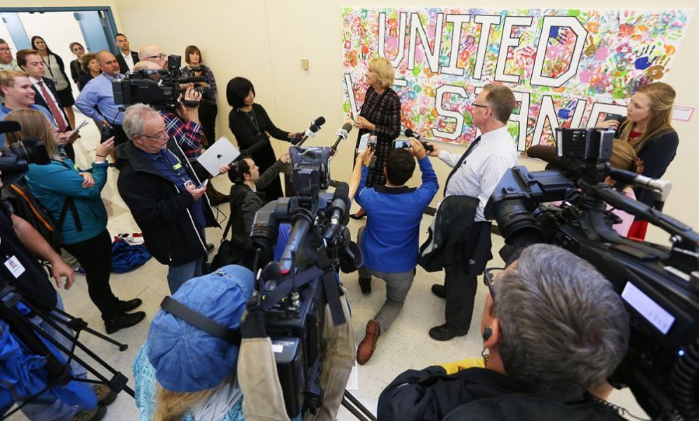 Rockne Roll/News-Register##
Education secretary Betsy DeVos addresses reporters during her visit to McMinnville High School Wednesday, Oct. 11.