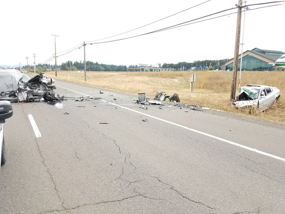 Photo courtesy Oregon State Police##Three people were killed Saturday afternoon in a two-vehicle crash on Highway 18 in the area of the Evergreen Aviation & Space Museum.