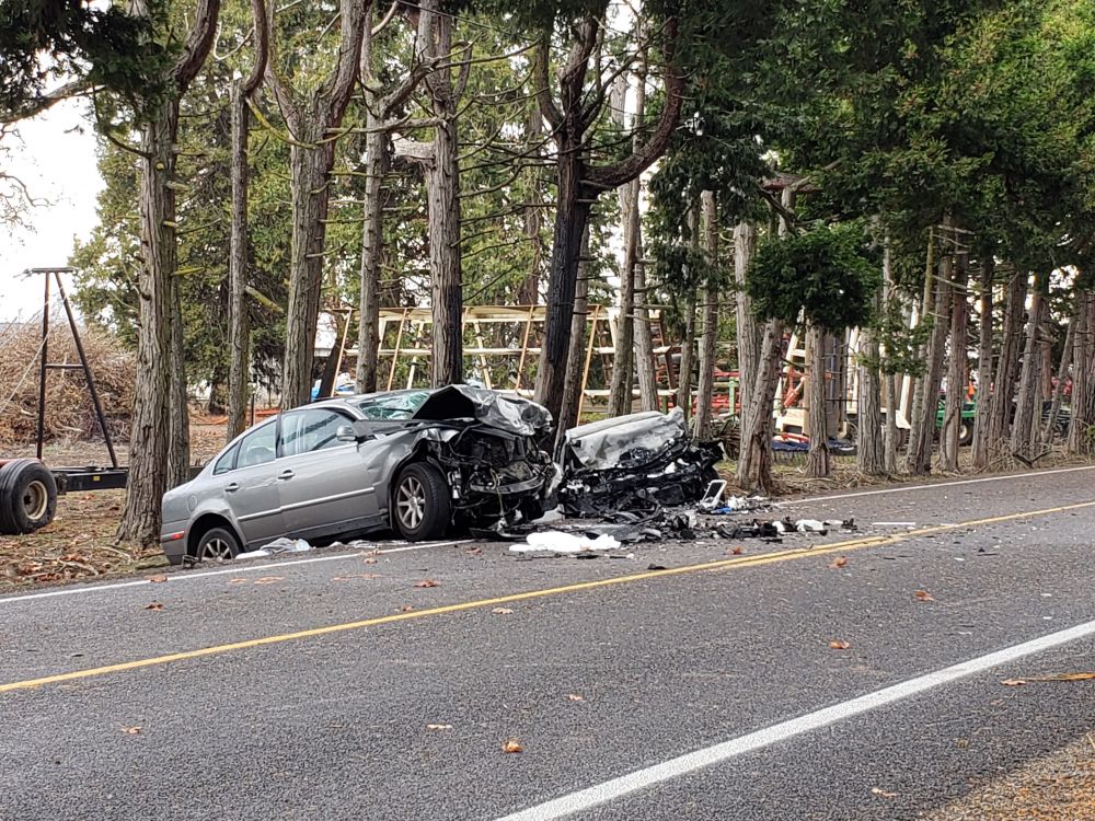 Oregon State Police Photo##Three people were killed shortly before noon Monday in a two-vehicle crash south of Dayton on Wallace Road.