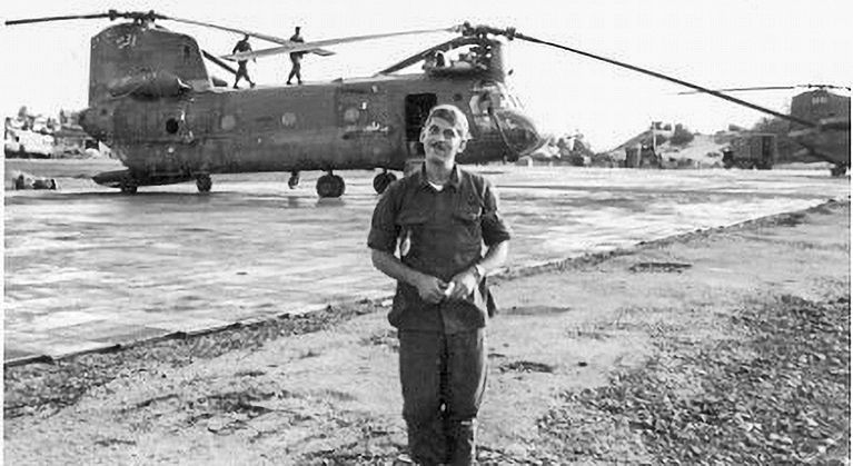 Photo courtesy of Steele Clayton##Steele Clayton poses in front of his Chinook helicopter during a lull in the action during his tour of duty in Vietnam.