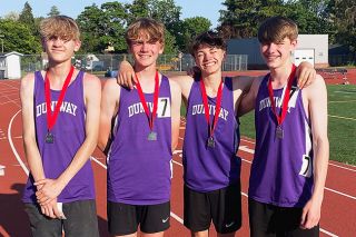 Jessica Sloan/Submitted Photo##The Duniway boy’s 4x400-meter relay team of, from left to right, Isaiah Carpenter, Garret Kuchta, James Cartee and Brice Marsteller, set a new school record and took second at the Middle School Meet of Champions in Corvallis with a time of 3:48.22.