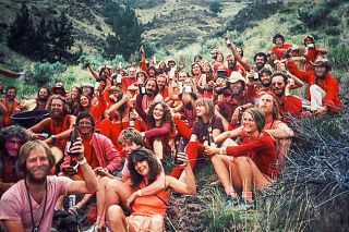 Image: Sannyas Wiki##The first “ranch crew” relaxing after a hard day of working to build Rajneeshpuram, in 1981.