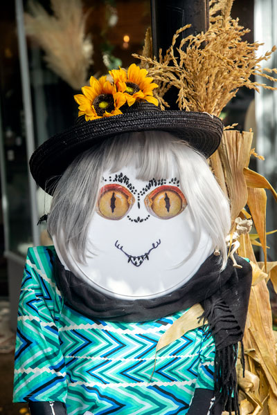 Rusty Rae/News-Register##With a beaded smile and a big eyes, the scarecrow from Sandy’s Backyard Creations welcomes visitors to the 300 block of Third Street. The stuffed decoration also features a rat skeleton on its shoulder.