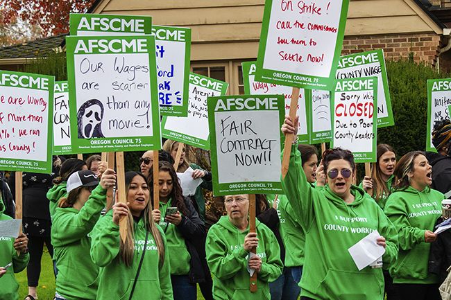 Rusty Rae/News-Register##Striking Yamhill County workers started forming a picked line early on the morning of Friday, Nov. 3 in front of the courthouse.