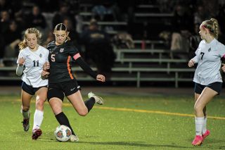 Rusty Rae/News-Register##Yamhill Carlton senior Maddy Tuning scored the Tigers’ lone goal of the state playoffs against Banks on Oct. 31.