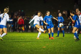 Rusty Rae/News-Register##Amity junior Mya Haarsma scored the Warriors lone goal in the semifinal matchup against Catlin Gabel, a high arcing shot over the Eagles’ goalkeeper.