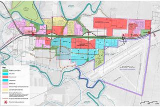 Image: City of McMinnville##A map shows plans for the Three Mile Lane area, including commercial projects north and south of the highway and a 160-acre innovation center. The city is discussing turning the area into an urban renewal district to accommodate infrastructure needs for the development.