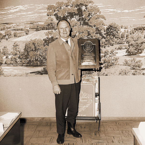 ##(Jan. 18, 1969) John Voll of McMinnville, president of Oregon Association of Realtors, holds award given to him in Albany last week when the OAR officers for 1969 were installed. The award read “In Honor And Deep Appreciation Of the Distinguished and Unselfish Service Given To The Board While Serving With Outstanding Leadership, Vision and Ability As President Of The Oregon Association Of Realtors, 1968” Voll was succeeded by Herb Smith, Albany Realtor.