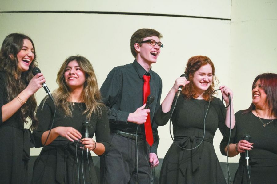 Rachel Thompson/News-Register##Mac High’s Twilighters perform “Blame it on the Boogie” by The Jackson 5. From left are Kaira Llerenas, Esther Arellano Garcia, Campbell Willis, Serenity Franke and Libny Vilorio.