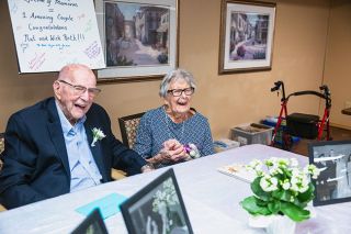 Rusty Rae/News-Register##Wick and Nat Roth celebrate their 75th anniversary at a party in Brookdale McMinnville Town Center, where they live. Fellow residents and old friends from when the Roths lived in McMinnville in the 1980s attended the event Monday.