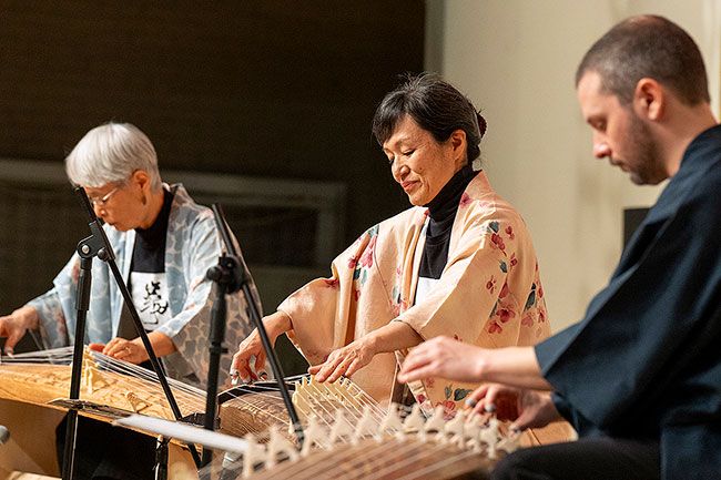 Rachel Thompson/News-Register##Playing the Japanese stringed instrument known as the koto are Nobuko Chalfen, left, Mitsuki Dazai and Josh Faber-Hammond of Oregon Koto-Kai.