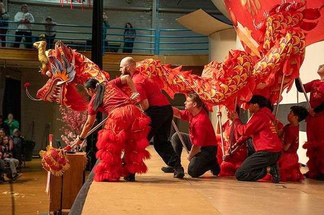 Rachel Thompson/News-Register##Members of the Portland Lee’s Association Dragon and Lion Dance team perform the dragon dance, a Lunar New Year tradition, as part of the celebration held Sunday, Feb. 18, at McMinnville Community Center, hosted by the Asian Heritage Association of Yamhill County.
